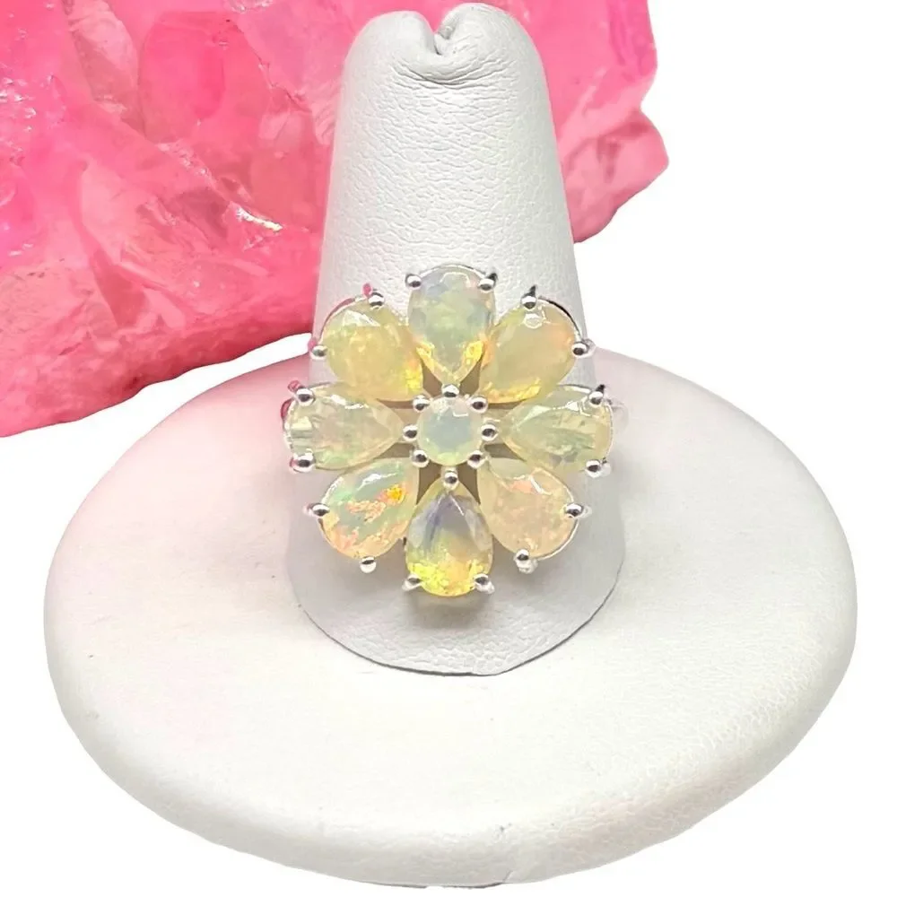 Ethiopian Fire Opal Flower Ring Solid 925 Sterling Silver Size 10